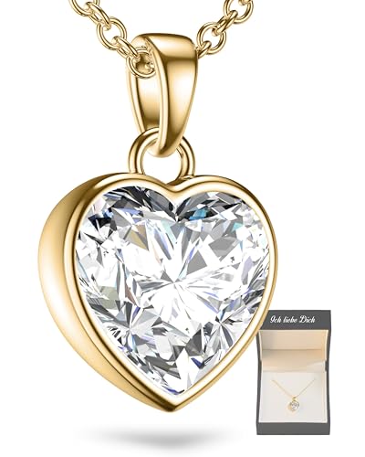 Herzkette Halskette Damen Gold (Silber 925 vergoldet) Kette mit Zirkonia Herz-Anhänger Ich liebe Dich Schmuck Geschenke für Frauen Sie Freundin mit Gravur zum Jahrestag Liebesgeschenk