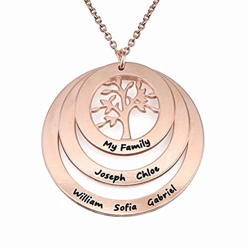 Personalisiert Mütter Namenskette Baum mit Gravur 1 bis 9 Kinder Namen Halskette Lebensbaum Rund Anhänger für Familie Mama Oma Damen in 925 Sterling Silber Rose Gold Vergoldet