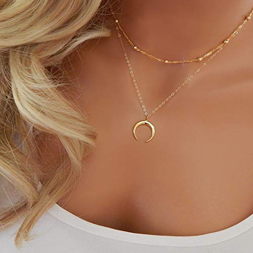 Yienate Bohemia Mehrlagige Halskette Trendy Halbmond Anhänger Perle Choker Kette Boho Schmuck für Damen und Mädchen (Gold)