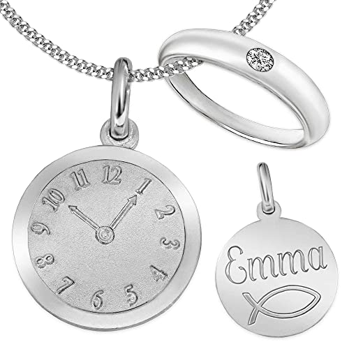 CLEVER SCHMUCK Set mit Gravur: Silberner Taufring Farbe wählbar und Anhänger-Uhr sowie Kette, beides STERLING SILBER 925 im Etui