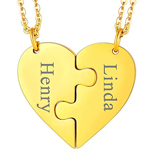 JewelryWe Schmuck Personalisierte Halskette mit Gravur, 2PCS Herz Puzzleteile Anhänger Edelstahl Pärchen Freunde Kette Geschenk Gold