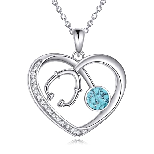 DAYLINLOVE Stethoskop Kette 925er Sterlingsilber Krankenschwester Türkis Herzform Anhänger Halskette Krankenschwester Medizinischer Schmuck Geschenk Damen Mädchen Frauen Mutter Krankenschwester Arzt