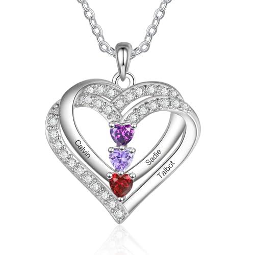 lorajewel Damen Kette mit Namen Personalisierte Halskette mit Geburtsstein Herz änhänger Silber Geschenk für Frauen Mum Frau Freundin Weihnachten Muttertag (3 Name)