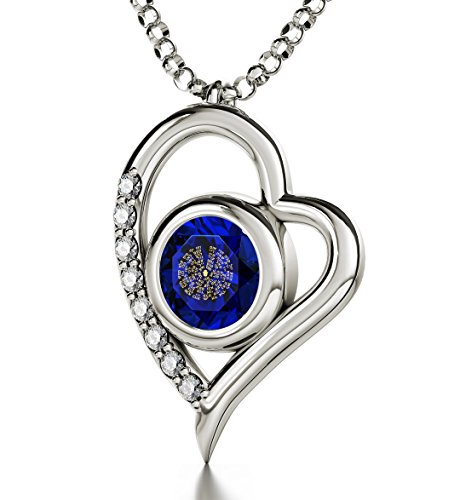 Nano Schmuck 925 Sterling Silber Kabbala Herzkette 72 Namen Gottes Graviert auf Hebräisch mit 24k Gold auf 8mm in Saphir-Blau, 8 Weiße Zirkonia, 45cm Silberkette