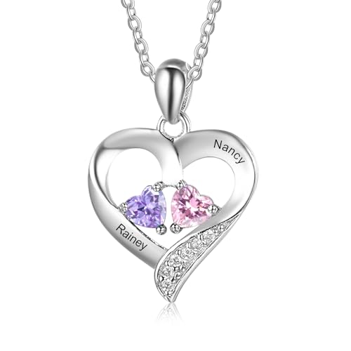 RolaOnly Damen Halskette Personalisierte Herz Kette mit Gravur 2 Namen Sterling Silber 925 Anhänger 2 Geburtsstein Mutter Tochter Namenkette Geschenk für Muttertag Weihnachten (Silber)