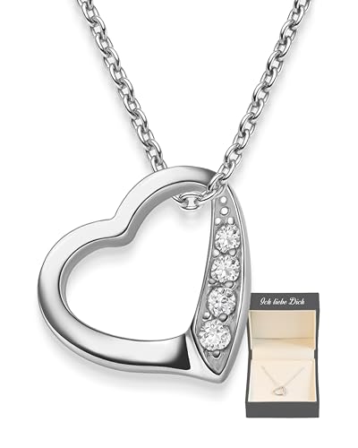 Amoonic Herzkette Silber 925 Damen Halskette Kette mit Herz-Anhänger Ich liebe Dich Silberkette mit Zirkonia-Steinen Schmuck Geschenke für Frauen Sie Freundin mit Gravur zum Jahrestag Liebesgeschenk