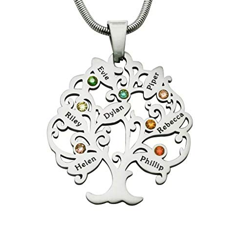 Namenskette Baum Kette mit Gravur 1 bis 7 Namen Geburtsstein Lebensbaum Anhänger Personalisiert Stammbaum Name Halskette für Familie Mutter Mama Oma, 925 Sterling Silber/Gold/Rose Gold