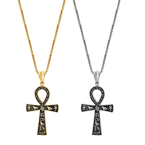 JewelryWe Schmuck 2pcs Retro Halskette Herren Ägyptische Hieroglyphen Ankh Kreuz Edelstahl Anhänger mit 22 Zoll Kette Weizenkette Gold Silber