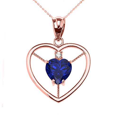 Damen Anhänger Halskette Elegant 14 Karat Rotgold Diamant und September Monatsstein Blau Zirkonia Herz Solitär (Kommt mit einem 45cm Kette)