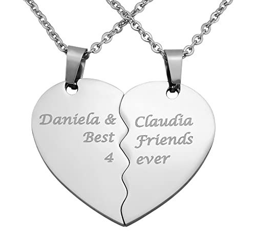 Hanessa 2 Stück Personalisierte Kette mit Gravur Edelstahl 60 cm mit Anhänger Herz Puzzle in silber - Personalisierte Geschenke für Damen Herren Freundin Freund - Partner Halskette für Sie und Ihn