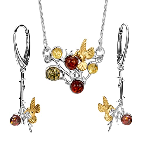 Copal Damen Schmuckset mit Bernstein und Vogelmotiven aus Sterling Silber 925, verstellbare Kette, Naturfreundliche Eco-Verpackung, Perfekt als Beste Freundin Geschenk