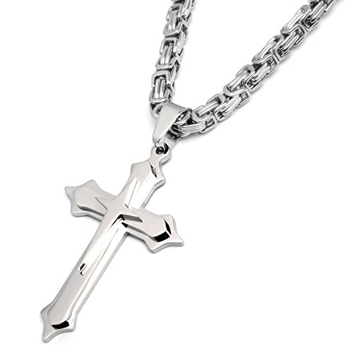 Schmuck-Checker Königskette mit Kreuz-Anhänger aus 316L Edelstahl Herren Halskette mit Kreuz silber poliert Männer-Kette Geschenk