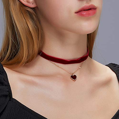 Yienate Layered Love Halskette Kette Herz Strass Anhänger Samt Choker Halskette für Frauen und Mädchen (Rot)