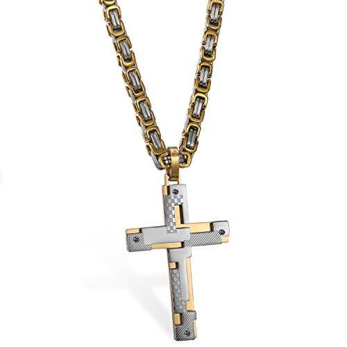 JewelryWe Schmuck Edelstahl Einzigartig Design Kreuz Kruzifix Anhänger mit 65cm Königskette, Halskette Kette für Herren, Gold Silber, mit kostenlos Gravur