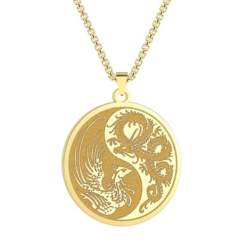 Caiduoduo Edelstahl Yin und Yang Halskette roter Drache Phönix Anhänger Halskette Ornament