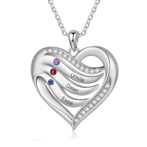 lorajewel Damen Kette Personalisierte Halskette Silber 925 Herz Anhänger mit Namen Geburtssteinen Gravur Muttertagsgeschenke Geschenk für Weihnachten Valentinstag (3 name)