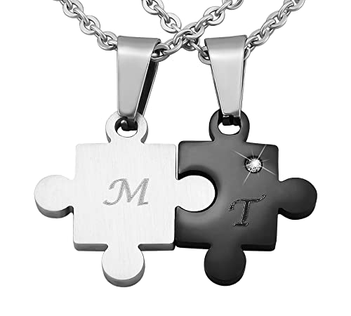 Hanessa Personalisierte Kette mit Gravur Edelstahl 50 cm mit Anhänger Herz Puzzle in silber schwarz - Personalisierte Halskette für Freundin oder Freund - Personalisierter Schmuck Freundschaft