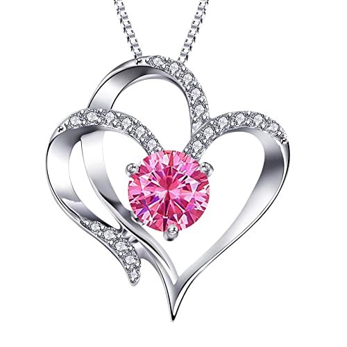 Generisch Kette mit Anhänger aus 925 Sterling Silber für Damen, Halsschmuck, mit Zirkonia synth Damen Kette Silber 925 Kette Damen Silber Mit Rosa Herz Valentinstag Für Geschenk Beste Freundin