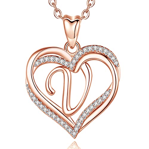 INFUSEU Kette mit Namen, Doppelherz V Rosegold Buchstabe Anhänger 20 Zoll Ketten Schmuck Cubic Zirconia CZ Personalisierter Schmuck für Frauen Weiblich Damen