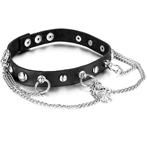 JewelryWe Schmuck Herren Damen Choker Halskette Halsband, Punk Rock Legierung Totenkopf Keltisch Kreuz Anhänger Panzerkette mit Leder Kette, Schwarz Silber