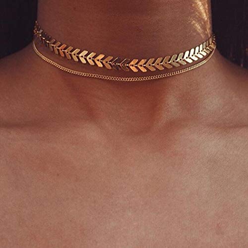 Yienate Modische Halskette, Fischgräten-Kette, Choker, mehrlagige Halskette, Schmuck für Damen und Mädchen (Gold)