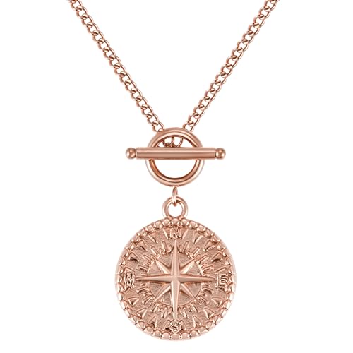 BONNYBIRD® Kette Kompass Rosegold - Edelstahl Kette Kompass Anhänger Kette Rosegold Kompass Kette mit Knebelverschluss Rosegold Anhänger Coin