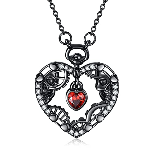 VENACOLY Herz Kette 925 Sterling Silber Schwarz Schädel Anhänger Steampunk Halskette Totenkopf Zirkonia Valentinstag Schmuck Geschenk für Damen