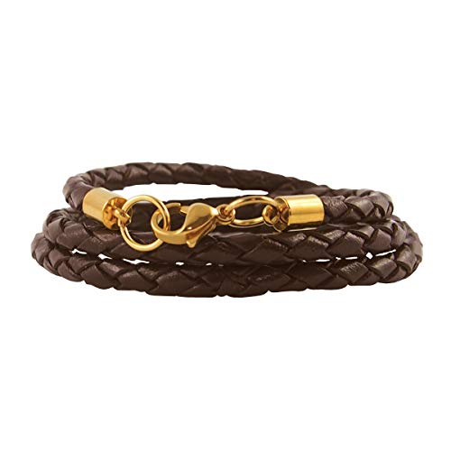 König Design Lederkette Lederhalsband Lederarmband 4 mm Herren Halskette Braun 60 cm lang mit Karabiner Verschluss Gold geflochten