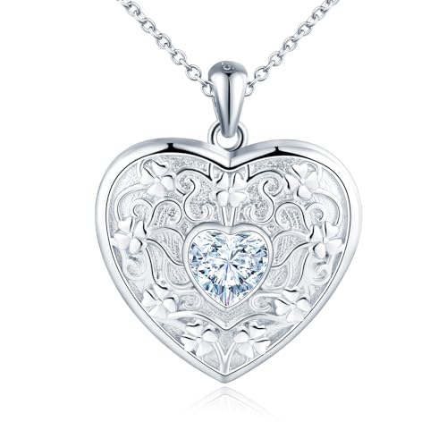 MicLee Damen Herz Kette Anhänger 925 Silber Foto Medaillons Silber Photo Halskette Amulett Zarte Florale Gravur mit Herzförmiger Zirkon Openable Anhänger