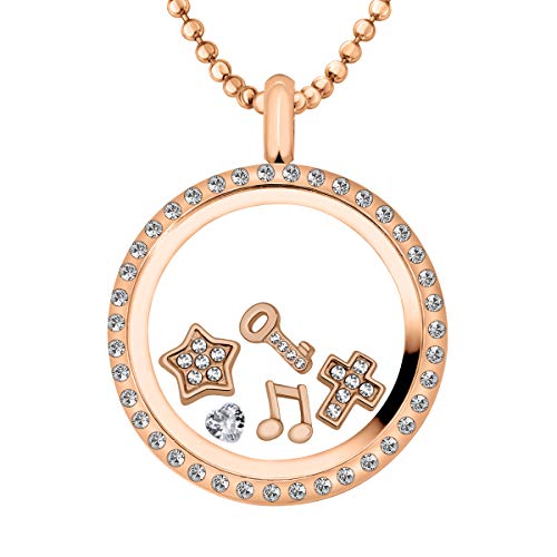 Quiges Rosegold Edelstahl Living Memory Zirkonia Anhänger 30mm mit Kette und 5 Floating Charms