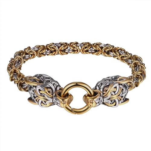 Flongo Wikinger Wolf Herren Armband: Wolfskopf Viking Armkette gold Byzantinisches Kettenamulett Edelstahl Herrenarmband Irisch Keltisch Vintage Gothic Norwegisch Königskette für Männer