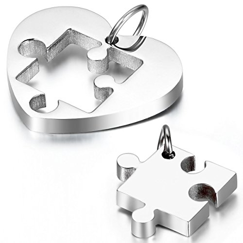 JewelryWe Schmuck 2 Freundschaftsketten Einfache Herz Puzzle Edelstahl Partner-Anhänger mit 45cm und 54cm Kette, Halskette für Damen & Herren, Silber