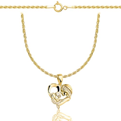 AMAR PRAGNA herzkette silber 925 halskette damen gold - herz kette, gold kette frauen, kette damen gold 585, Zirkonia Halskette für die Mutter, Geschenk für die Mama 1,6 mm, lange 55 cm