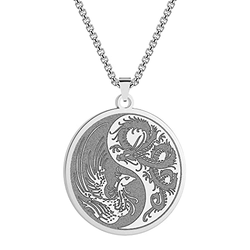 LUTAKU Yin Yang Halskette für Frauen Mädchen Roter Drache und Phönix Balance Bunte Unisex Anhänger Antik Chinesisch Accessoire Schmuck Geschenk, Edelstahl