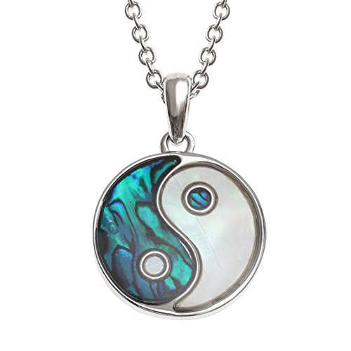 Kiara Schmuck Yin Yang Wende Anhänger Halskette eingelegten beide Seiten mit bläulich grün Paua Abalone Shell & Perlmutt auf 45,7 cm Trace Kette. Nicht trüben Silber Farbe, Rhodiniert