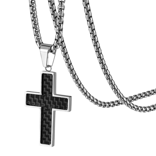 JewelryWe Kreuz Halskette Herren Edelstahl: Christliche Kreuz Anhänger Kette mit Schwarz Kohlenstofffaser Kohlefaser Inlay Religiöse Schmuck Geschenk für Männer Silber