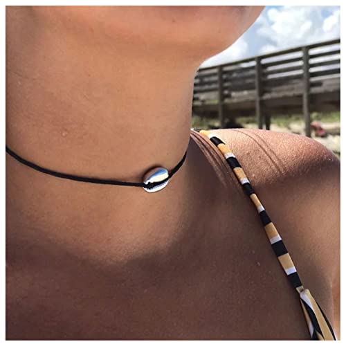 Cimenexe Bohème Muschel Anhänger Halskette Cowrie Choker Halskette Kette Schwarz Leder Choker Halskette Metall Muschel Kragen Halskette Schwarz Verstellbar Halskette Schmuck Für Frauen Und Mädchen