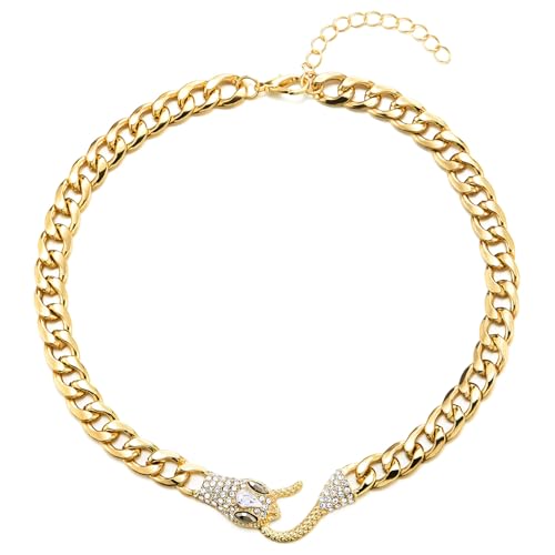 COOLSTEELANDBEYOND Schwere Gold Kette Halskette für Damen mit Strass Eingefasst Schlange Kopf Verschluss, Statement Halsketten