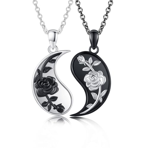 REDSUN Yin Yang Halskette 925 Sterling Silber Rosen Blumen Anhänger Kette Paar BFF Kette Rosen Anhänger Yin Yang Kette Schmuck Geschenke für Damen Herren Couple