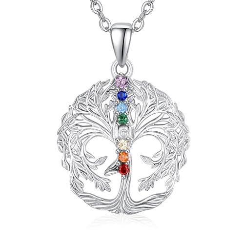 TANGPOET 7 Chakra Kette für Damen Frauen Silber 925 Lebensbaum Anhänger Halskette Baum des Lebens Spiritueller Heilung Schmuck Tree of Life Necklace Geschenk für Sie