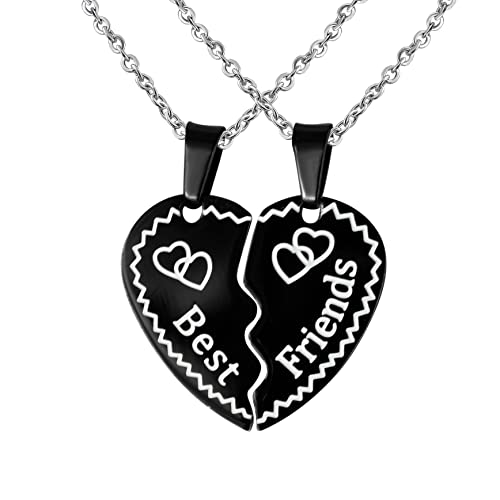 Hanessa 2 Stück Personalisierte Ketten mit Gravur Edelstahl 45-60 cm - Herz-Hälften Best Friends in schwarz - Halsketten Männer und Frauen - Personalisierter Schmuck Damen Herren Freundin Freund