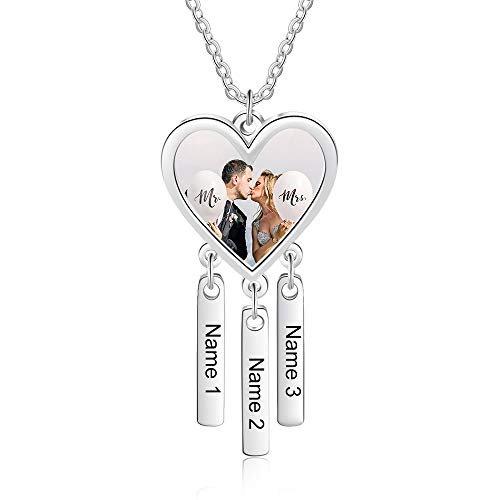 Personalisierte Foto Halskette Silber Kette mit 1 bis 5 Text- und Herzfoto Gravierter Anhänger für Mutter Tochter-Geschenk für Muttertag Valentinstag Weihnachten (3 Name)