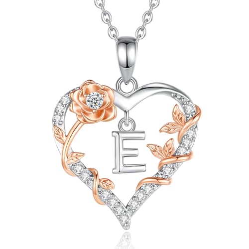 EUDORA Harmony Ball Herz Rosen Kette mit Buchstaben E für Damen mit Zirkonia, Silber Buchstabe Ketten Initialen Halskette Alphabet Anhänger Schmuck mit Namen Geschenke für Frauen Mutter Tochter, 18 