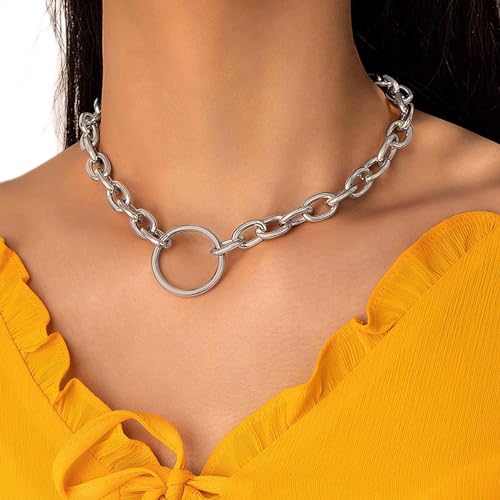 TseenYi Offener Kreis Halskette Punk Chunky Kette Choker Halskette Silber Kreis Ring Anhänger Halskette Dicke Kette Link Halskette Schmuck Für Frauen Und Mädchen Geschenke