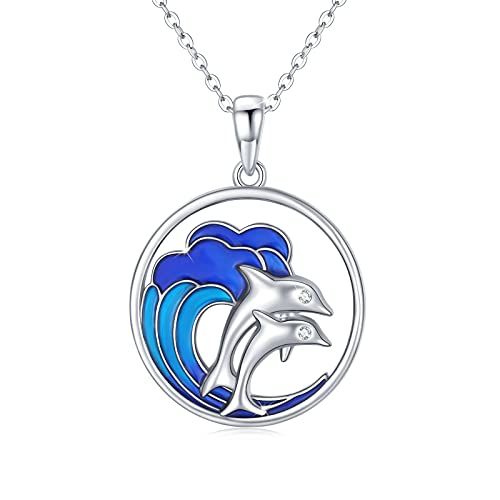 JFASHOP Delphin Kette, 925er Sterlingsilber mit blauem tropfendem Öl Wellen Anhänger Halskette Ozean Hawaii Meer Strand Schmuck Geburtstagsgeschenke für Frauen Beste Freundin