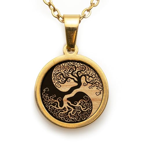 treeforce Edelstahl Halskette in Gold und Silber mit Holzemblem in schwarzem Geschenksetui, unisex (Yin Yang Baum, Gold)