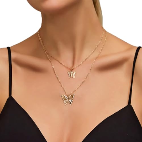 Yienate Boho Geschichtet Schmetterling Halskette Choker Gold Funky Doppel Schmetterling Anhänger Halskette Schlüsselbein Kette Rock Aussage Schmetterling Halskette Schmuck Für Frauen Und Mädchen