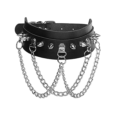 JewelryWe Schmuck Punk Halsband Damen Gothic Leder Choker Halskette Spikes Nieten Halsreif mit Ketten Verstellbarer Choker Kragen Lederband Schwarz