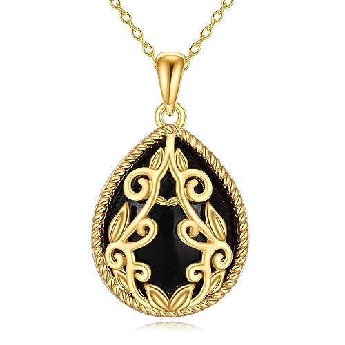 YAFEINI Schwarze Onyx Kette Sterling Silber Tropfen Anhänger Halskette 18 Karat Gelbgold Vergoldet Filigrane Boho Kette Halskette Schmuck Geschenke für Damen (Tropfenförmige kette aus schwarzem Onyx)