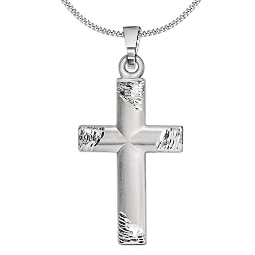 CLEVER SCHMUCK Halskette silberner Kreuz Anhänger 20 x 13 mm seidenmatt halbrund gewölbte Form Enden diamantiert glänzend & Kette Panzer 42 cm 925 Sterling Silber im Schmucketui